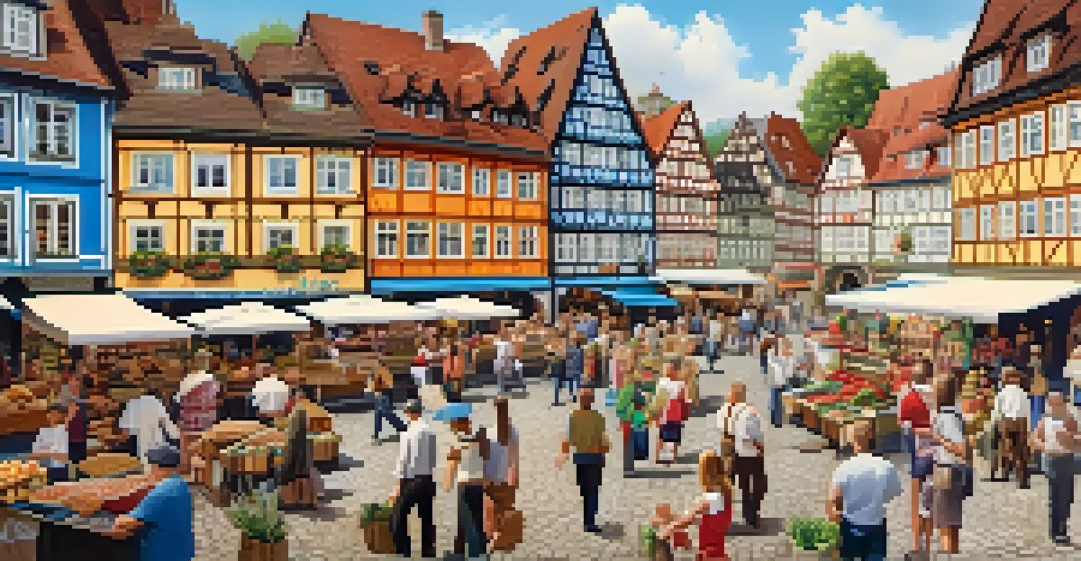 A lively German town square with half-timbered houses and a market filled with people.