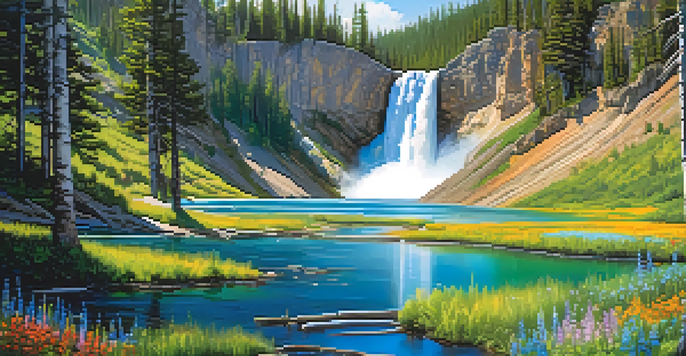 A picturesque view of Fairy Falls with vibrant wildflowers and lush greenery, illuminated by soft sunlight.