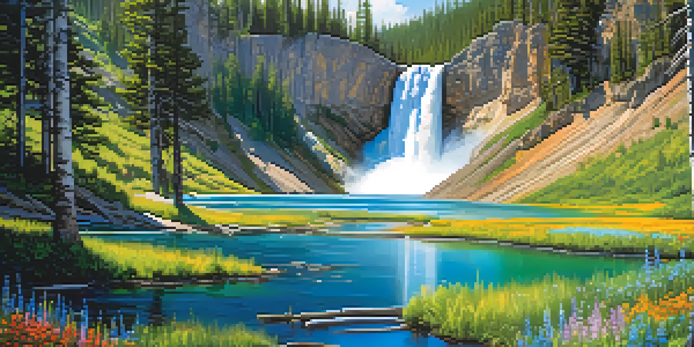 A picturesque view of Fairy Falls with vibrant wildflowers and lush greenery, illuminated by soft sunlight.