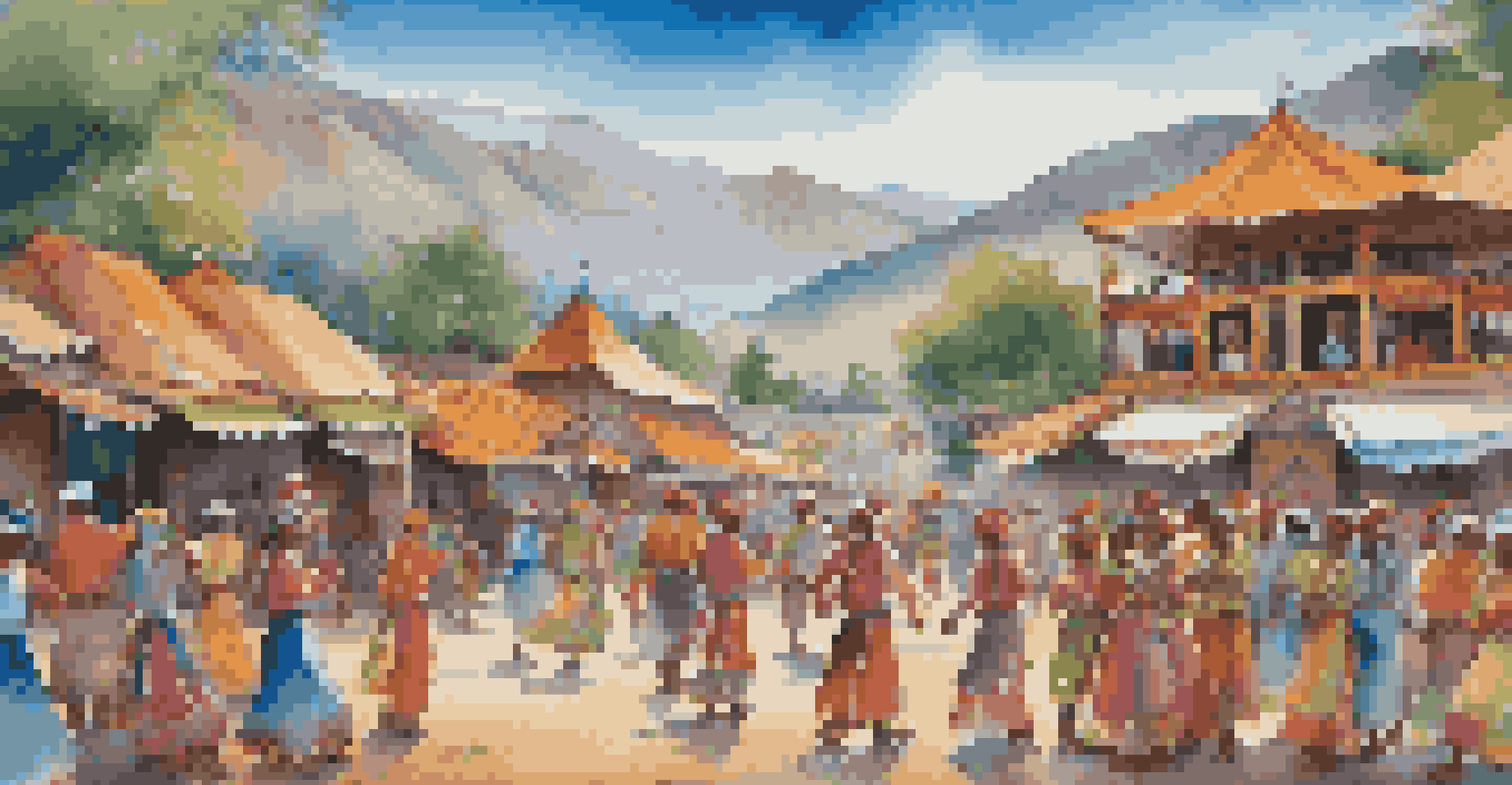 Travelers enjoying a local festival in traditional attire, dancing and celebrating amidst colorful decorations and a beautiful landscape.