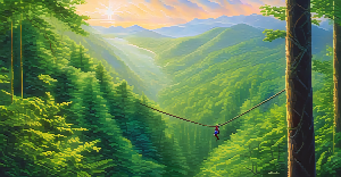 A zipliner gliding through a green forest, with sunlight streaming through the leaves and distant misty mountains in the background.