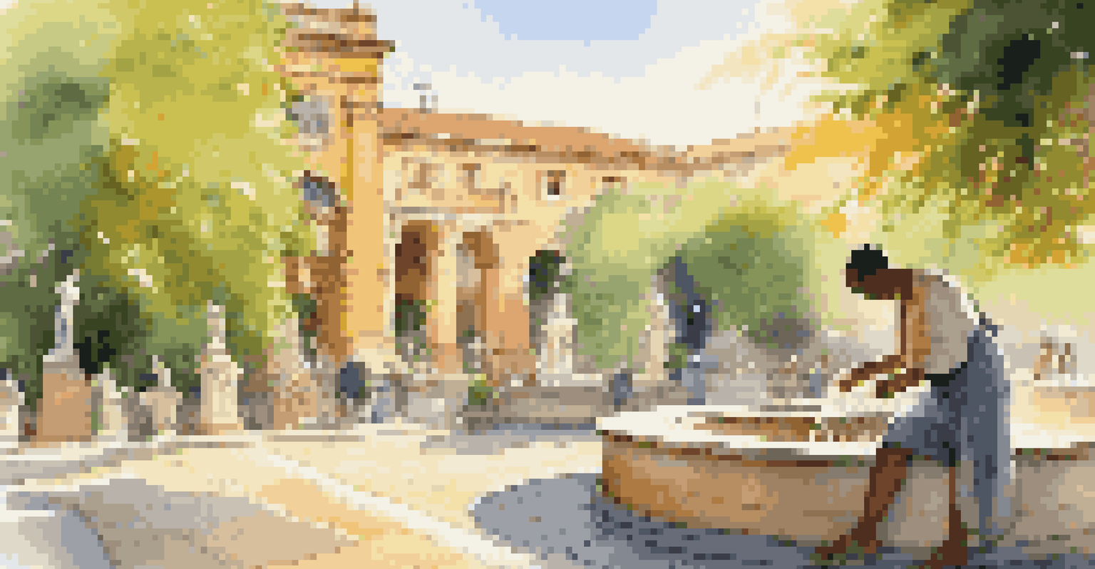 A traveler washing hands at a public fountain in a picturesque travel destination during golden hour, surrounded by greenery.