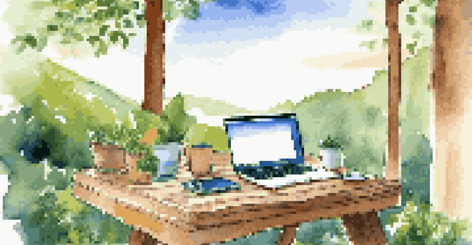 A person working on a laptop outside, surrounded by greenery and a scenic view.