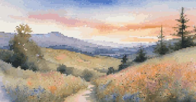 A picturesque sunset landscape with rolling hills and colorful wildflowers, leading to distant mountains.