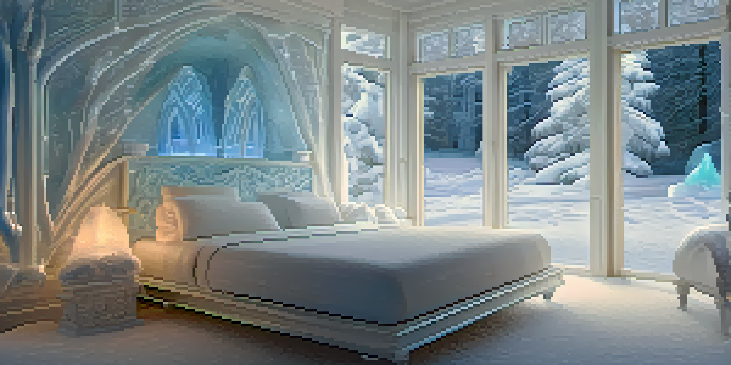 An ice hotel room with beautifully carved ice sculptures and colorful thermal sleeping bags, illuminated by soft lights, showcasing a winter wonderland atmosphere.