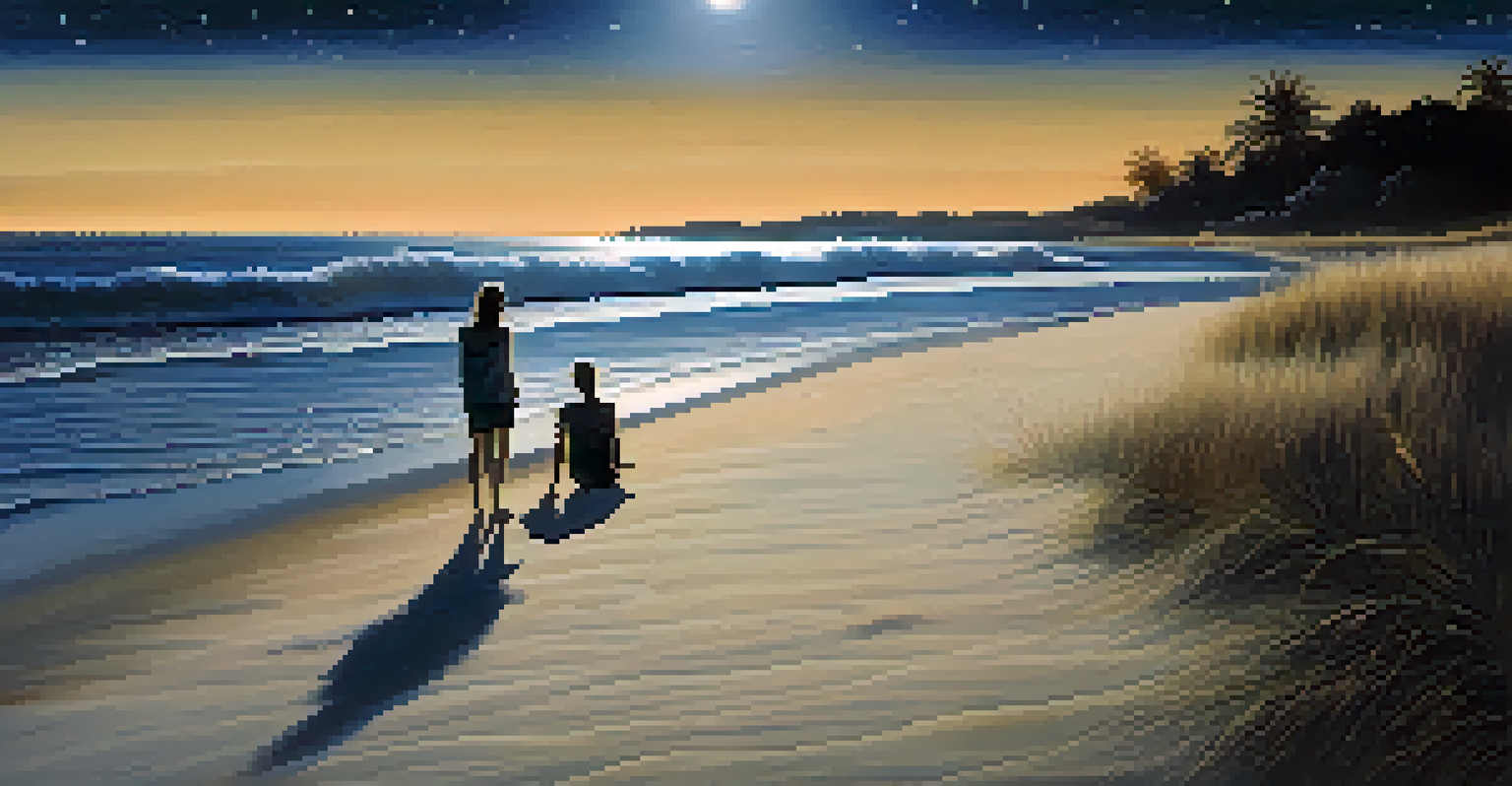 A tranquil beach scene at night with a starry sky and moonlit waves, featuring a solitary figure at the water's edge.