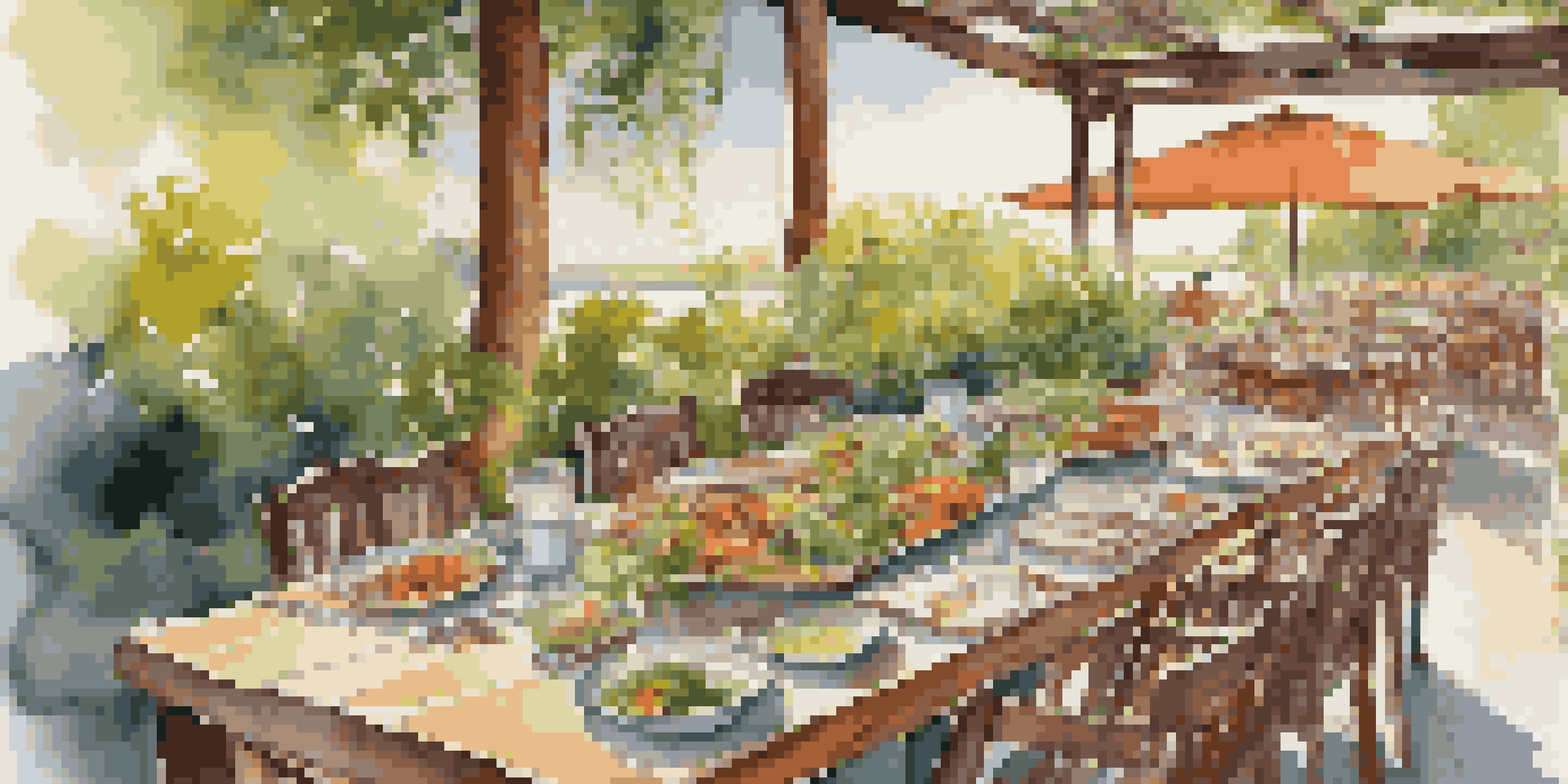 An outdoor dining table filled with various colorful dishes and rustic decor, surrounded by greenery and bathed in warm sunlight.