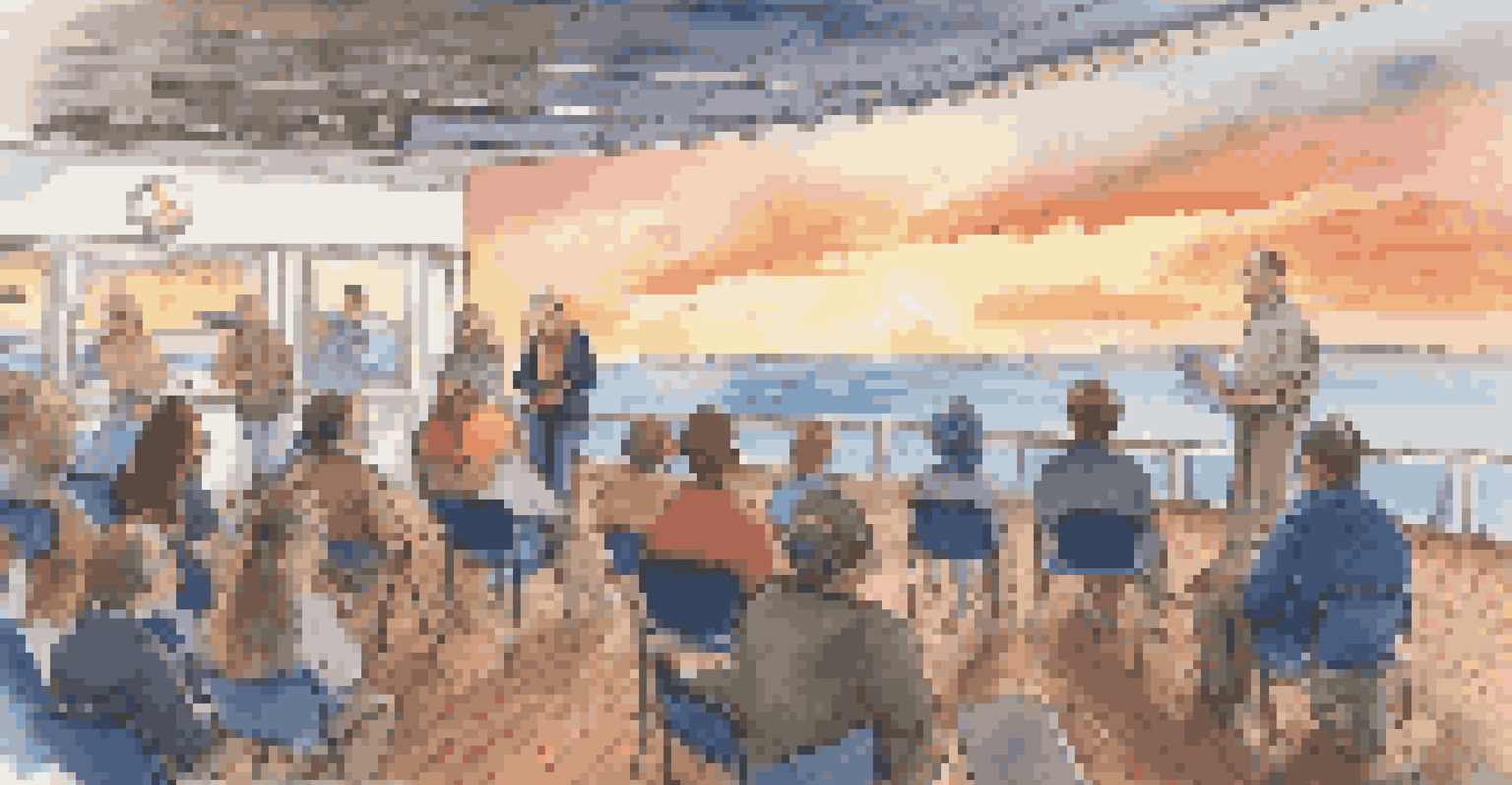 Passengers attending a marine conservation workshop on a cruise ship, with an ocean view and sunset in the background.