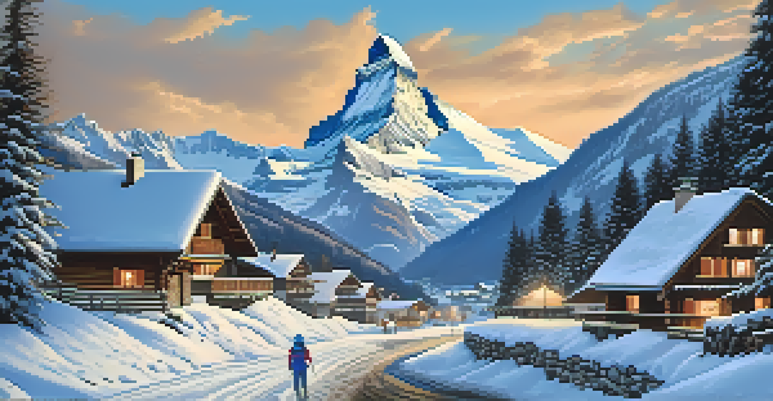 A breathtaking winter scene in the Swiss Alps, showcasing the Matterhorn and a snowy village with chalets and winter sports activities.