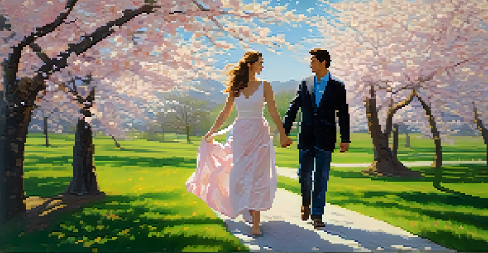 A couple walking under blooming cherry blossoms in spring, with sunlight filtering through the branches.