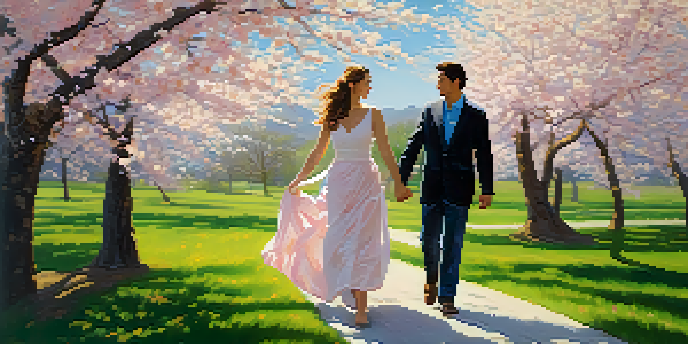 A couple walking under blooming cherry blossoms in spring, with sunlight filtering through the branches.