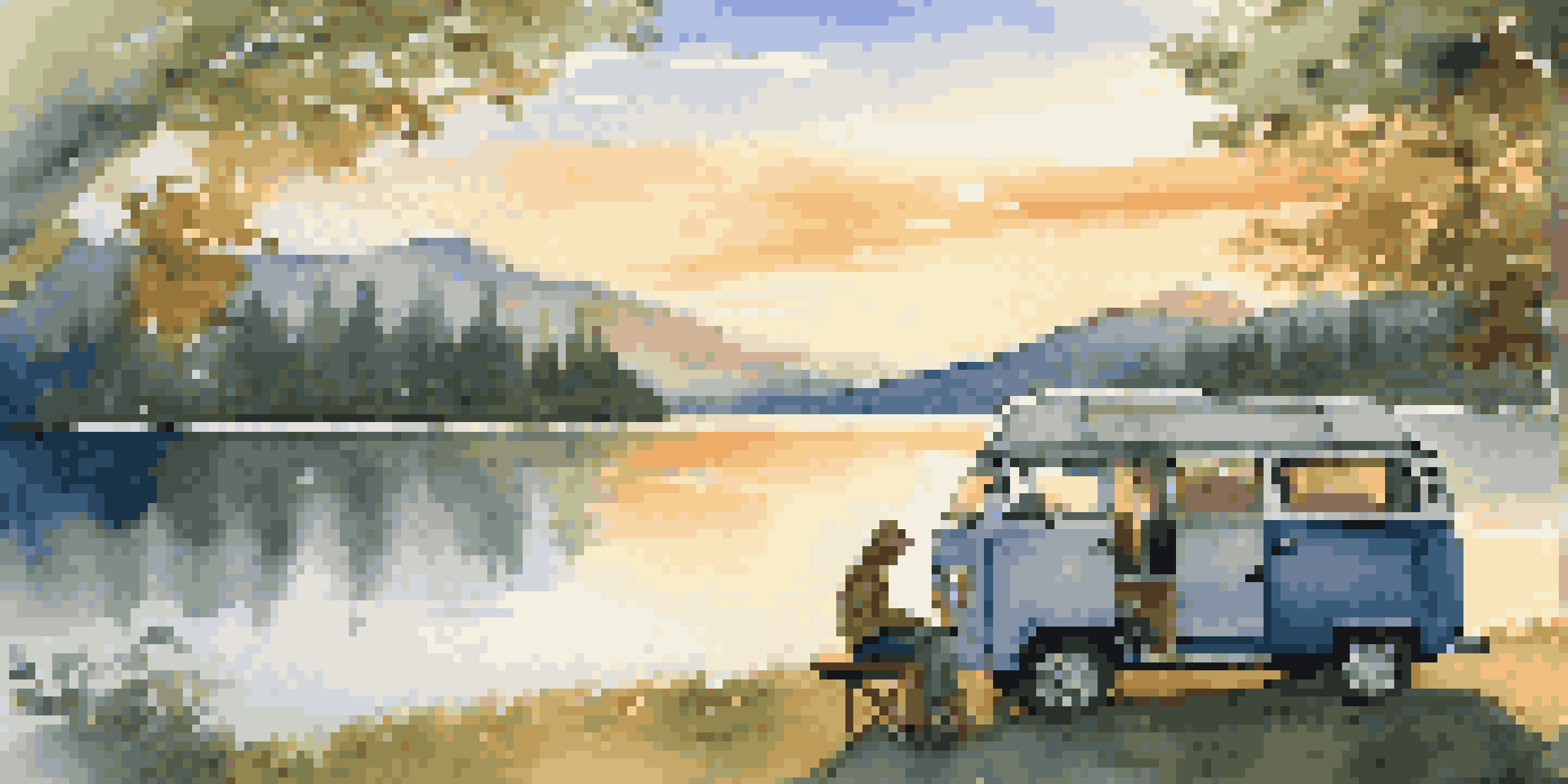 A solo traveler in a camper van at a lakeside during sunset, with trees and mountains in the background.