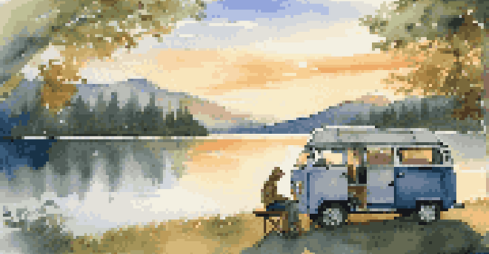 A solo traveler in a camper van at a lakeside during sunset, with trees and mountains in the background.
