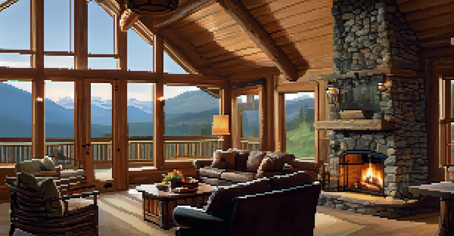 The interior of a rustic lodge with wooden furniture and a fireplace, overlooking mountains through large windows.