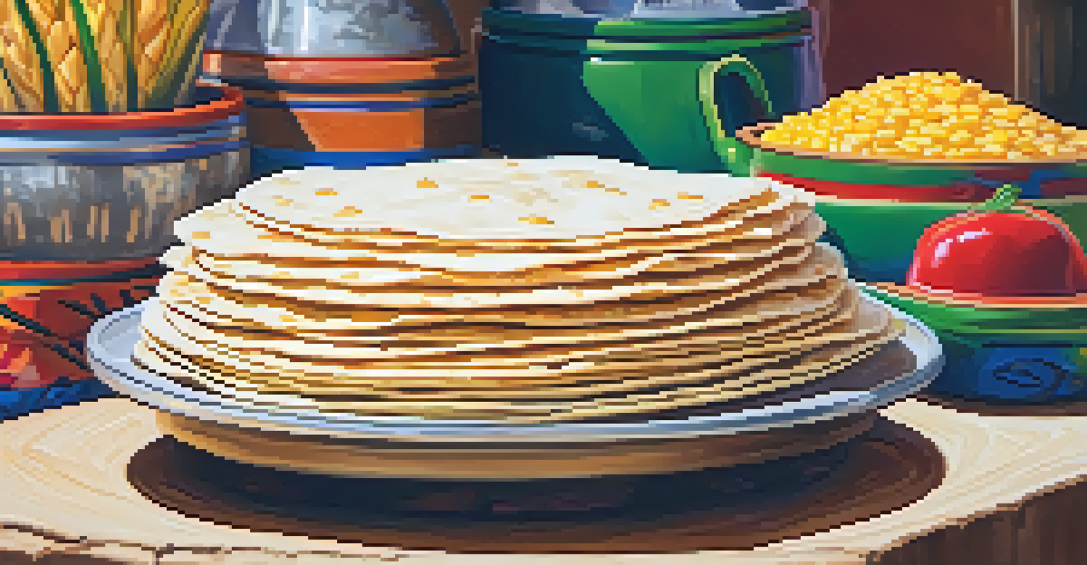 An artisan preparing fresh tortillas on a comal, showcasing the texture and warmth of the tortillas. A plate of finished tortillas is in the foreground.