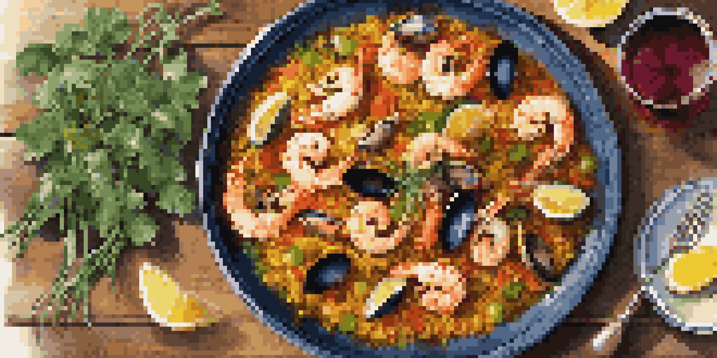 An overhead view of a colorful plate of paella with seafood and herbs on a rustic table, illuminated by soft natural light.