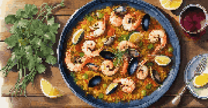 An overhead view of a colorful plate of paella with seafood and herbs on a rustic table, illuminated by soft natural light.
