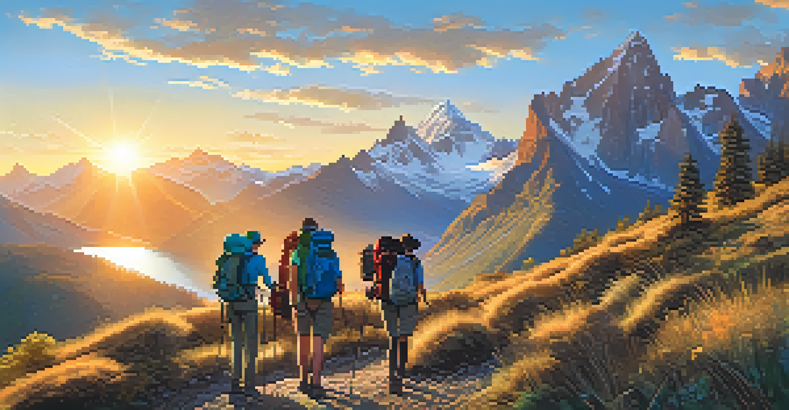 A diverse group of hikers trekking through a stunning mountain landscape at sunset, led by a local guide, with eco-friendly gear.