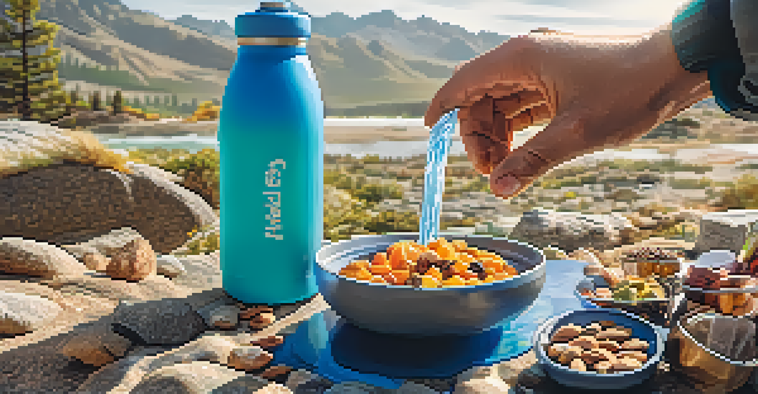 A close-up of a hiker pouring water from a hydration bladder into a reusable bottle, surrounded by snacks like nuts and dried fruits on a rocky surface in a natural setting.