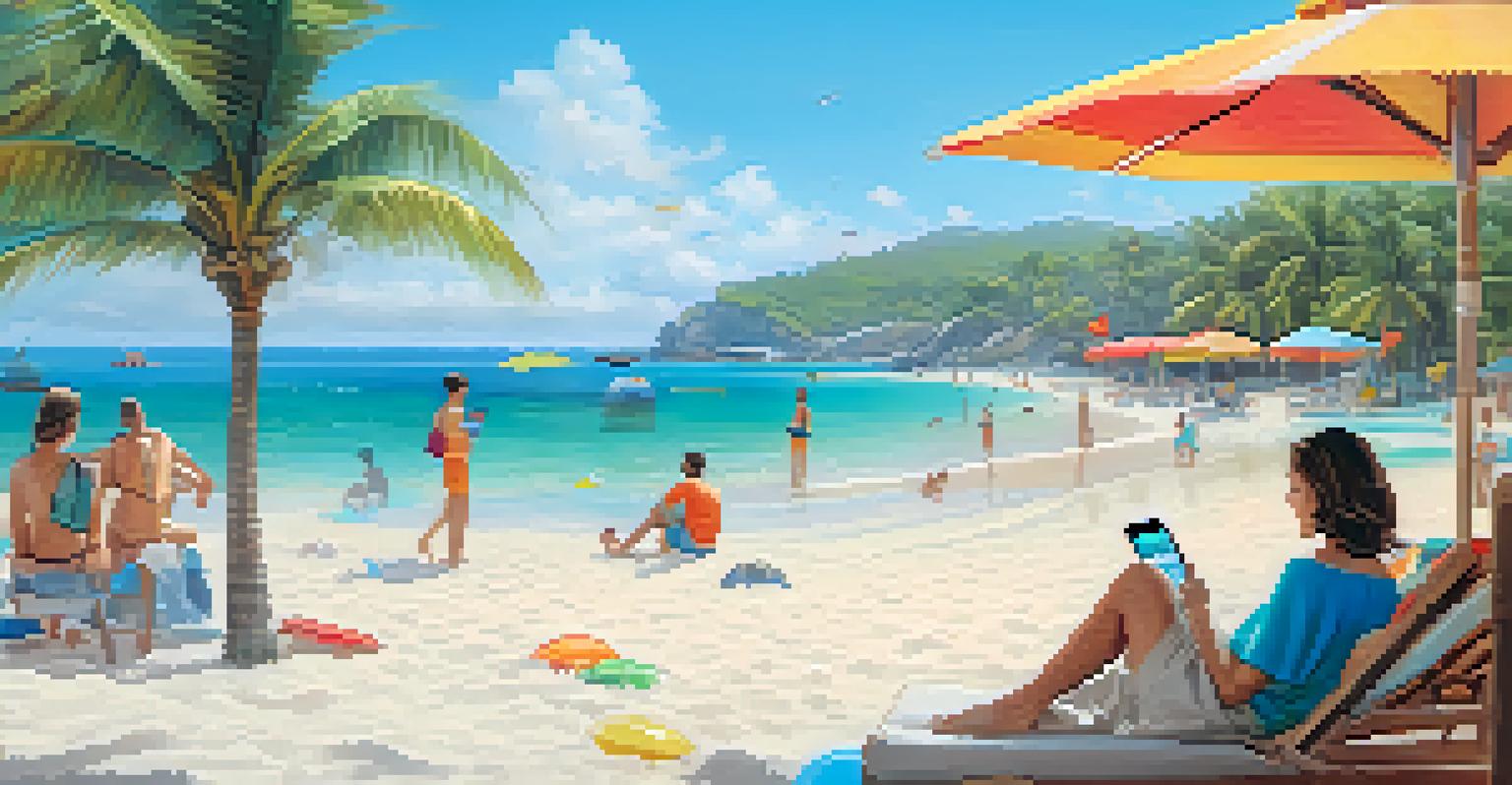 A beach scene with turquoise waters and a smart assistant device showing travel recommendations, surrounded by beachgoers.