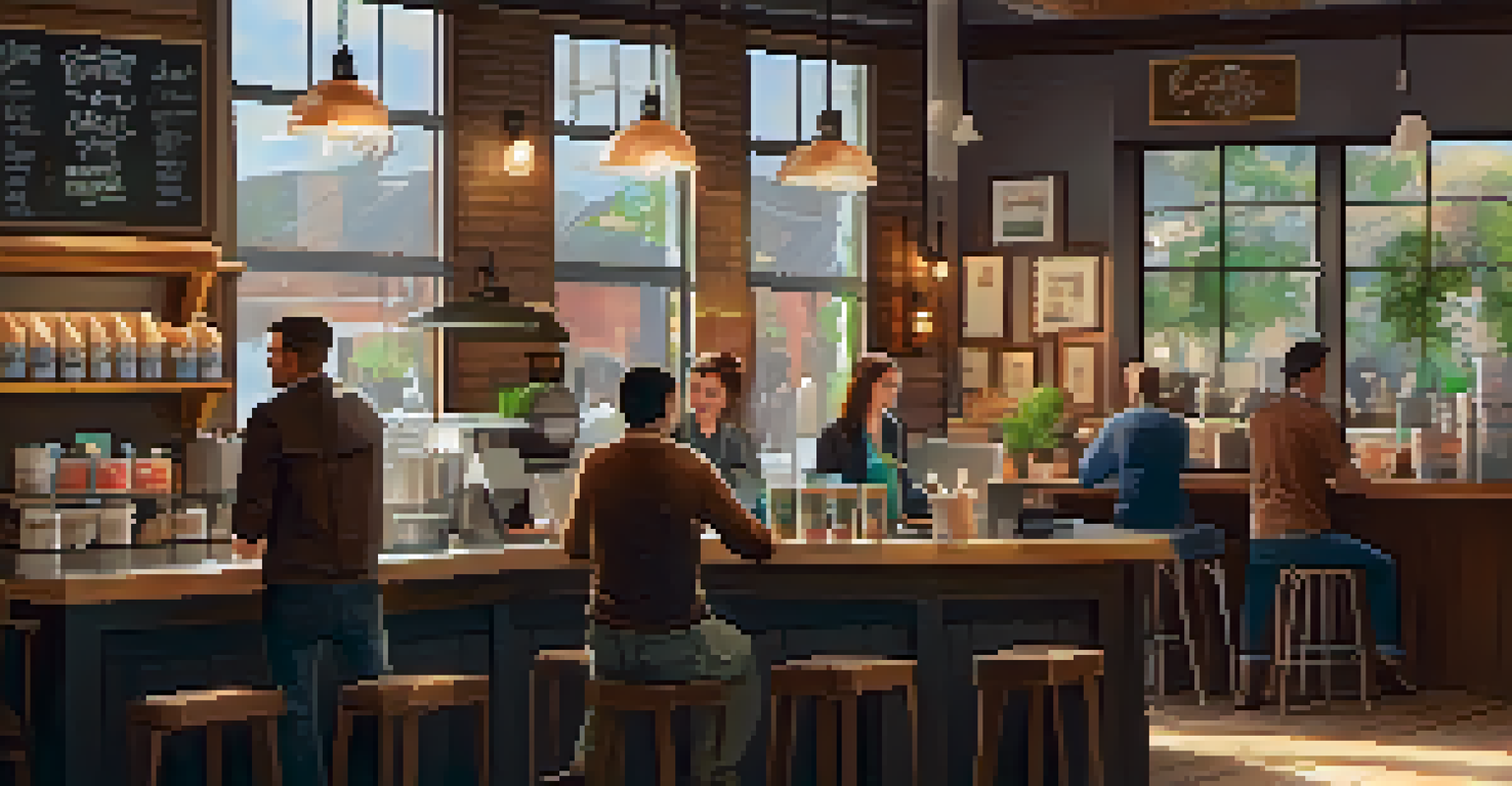 A warm coffee shop interior with wooden tables, colorful mugs, and people chatting or working on laptops.