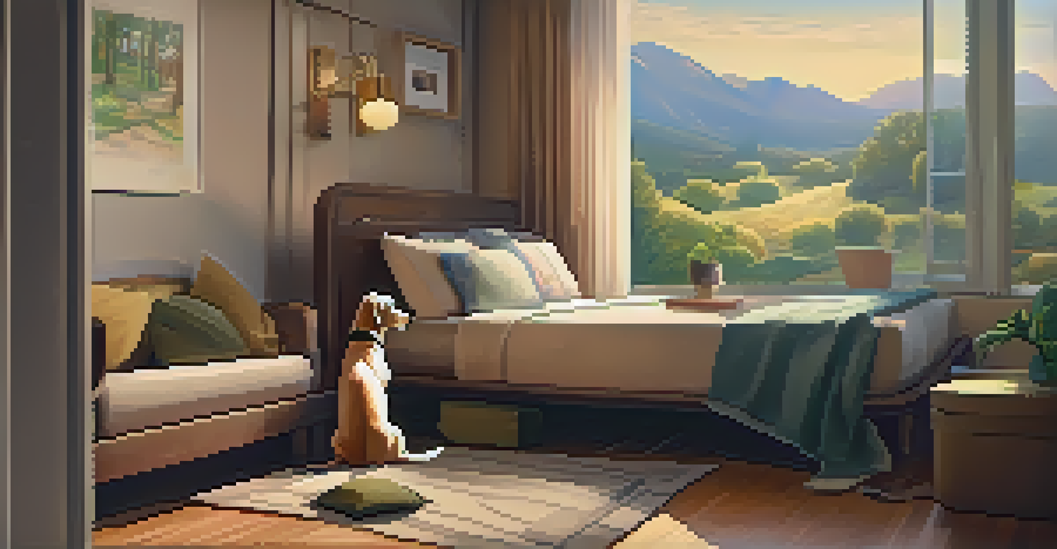 A cozy hotel room with a dog lying on its bed next to a suitcase, showcasing pet-friendly features.