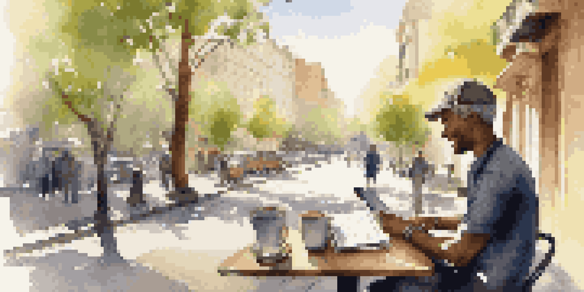 A traveler at a café with a notebook and coffee, looking at a digital map with a cityscape in the background.