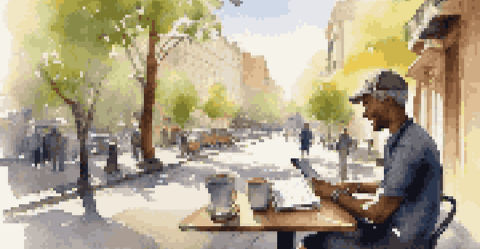 A traveler at a café with a notebook and coffee, looking at a digital map with a cityscape in the background.