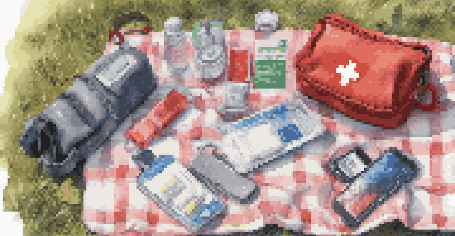 A close-up view of a festival emergency kit with first aid supplies, a portable charger, and identification documents on a picnic blanket in a park.