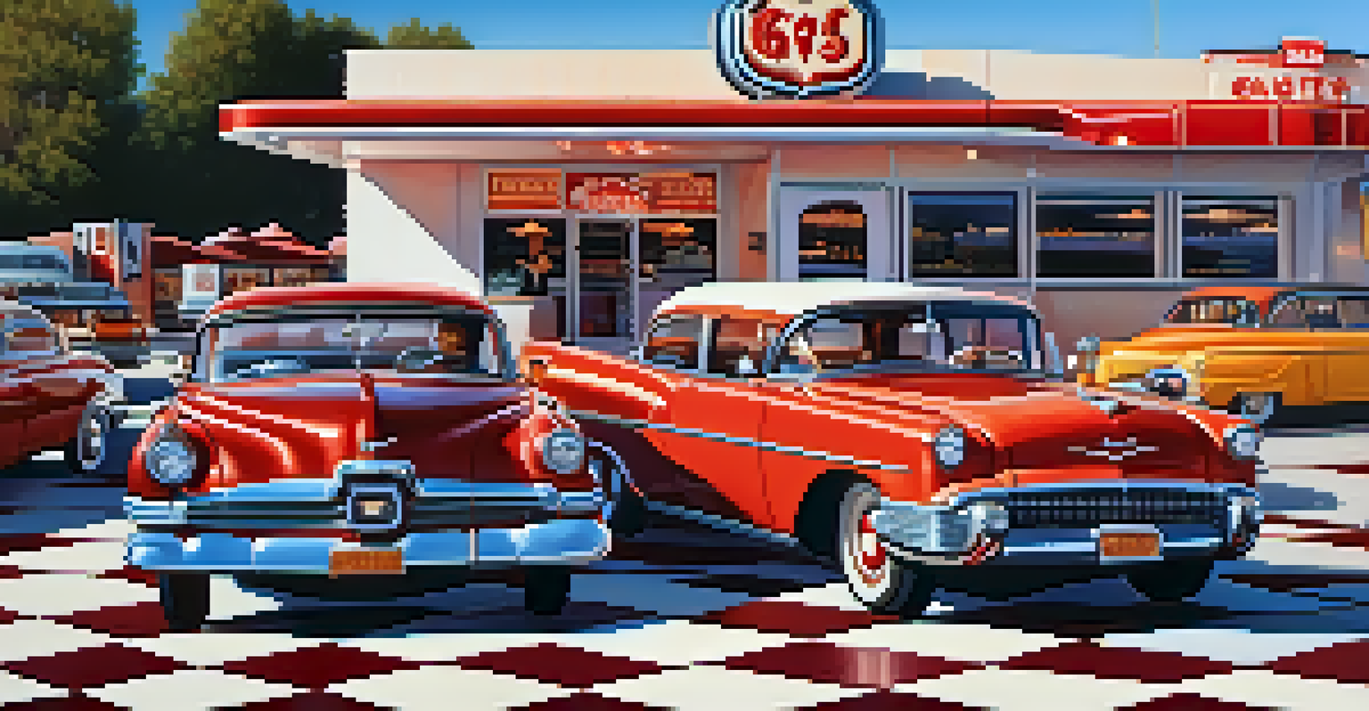 A retro diner with classic American food and a vintage car on Route 66.