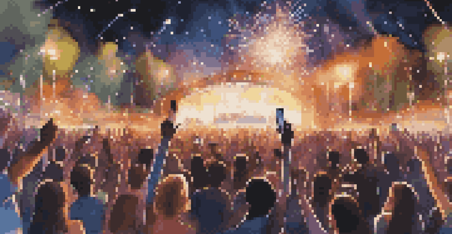 A nighttime music festival with a brightly lit stage, dancing crowd, and fireworks in the sky.