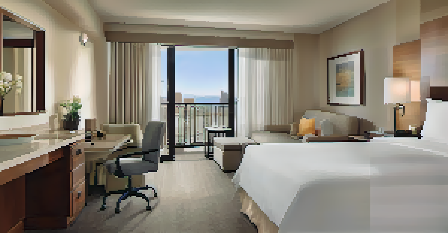 An accessible hotel room with a roll-in shower and spacious layout, decorated in soft colors.
