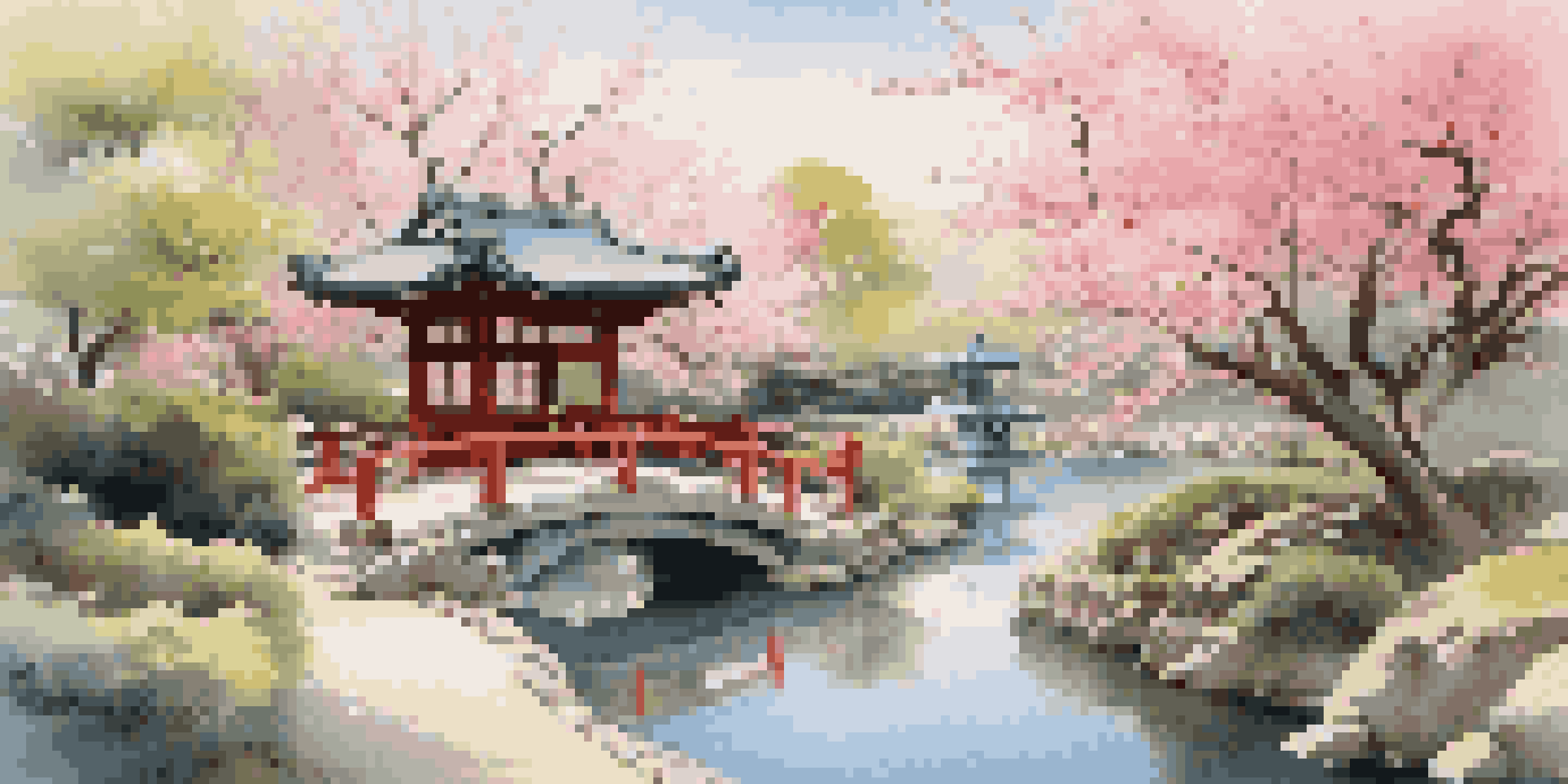 A tranquil Japanese garden with cherry blossom trees, a stone lantern, and a koi pond under soft sunlight.