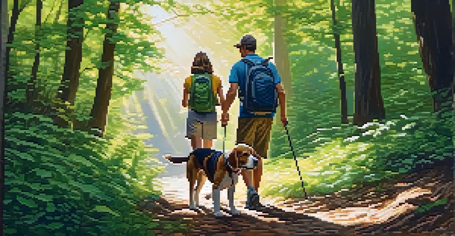 A couple hiking with their beagle in a vibrant forest, enjoying nature together.