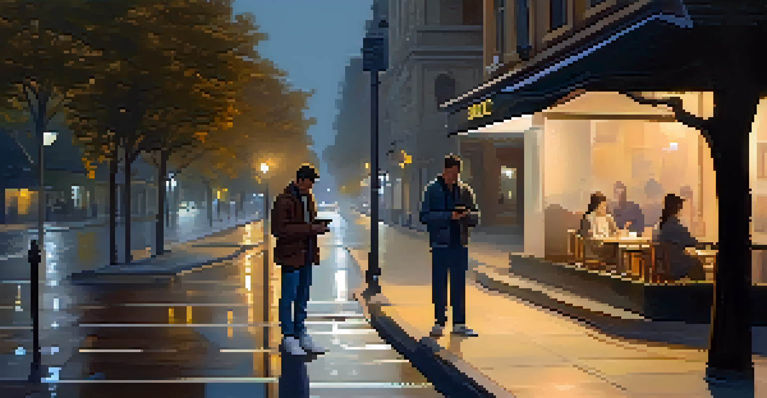 A traveler on a dimly lit street checking a navigation app on their phone, surrounded by trees and a warm café glow.