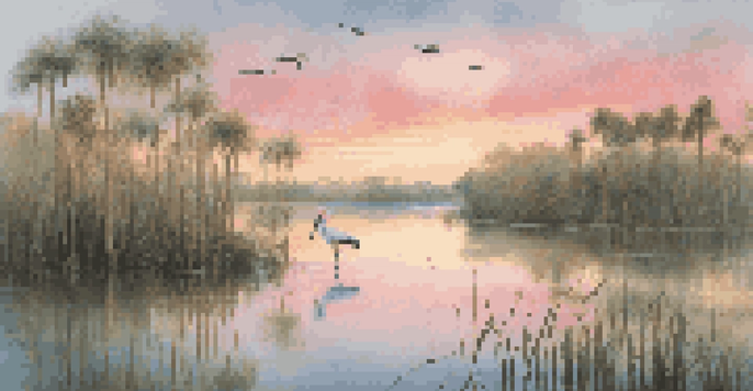 A tranquil scene in Everglades National Park at dawn, featuring a roseate spoonbill in wetlands with colorful skies.