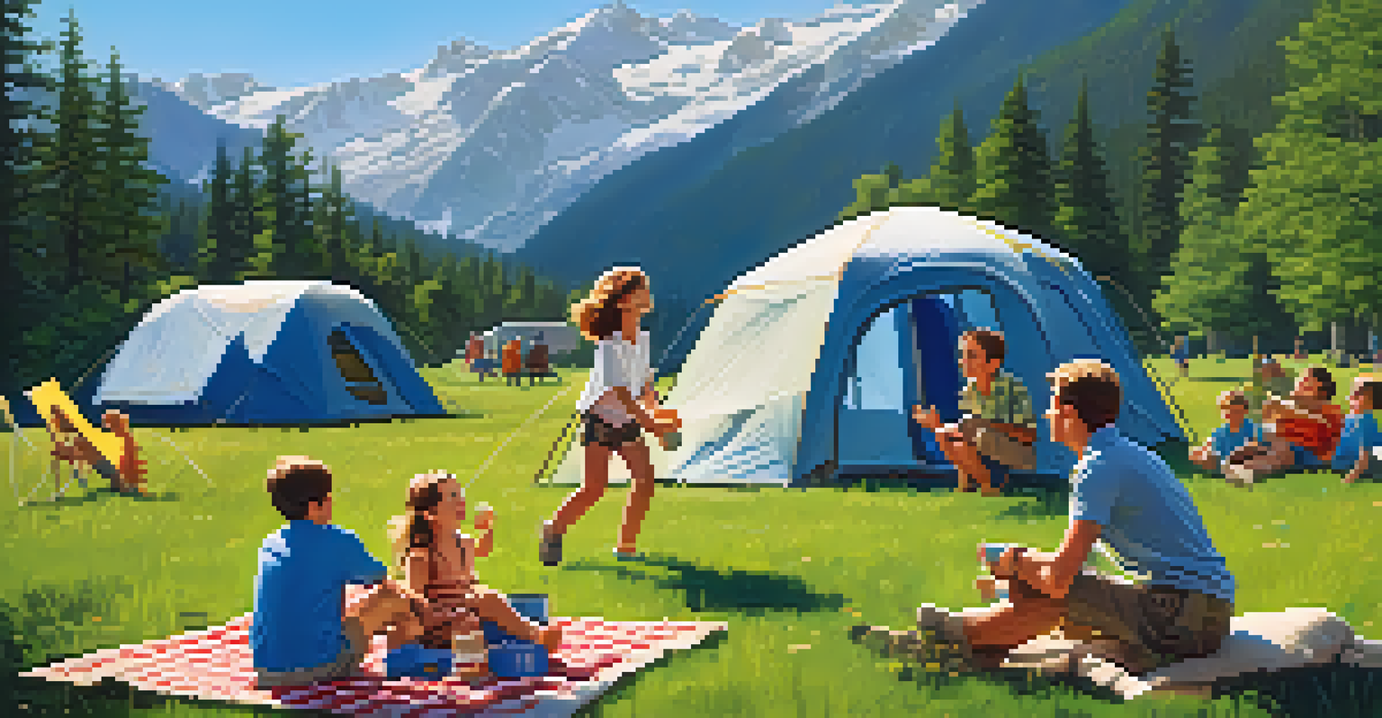 A family enjoying outdoor activities while camping in a meadow with mountains in the background.