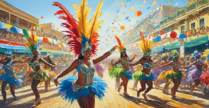 A lively carnival celebration with dancers in colorful costumes, surrounded by a cheering crowd and bright decorations.