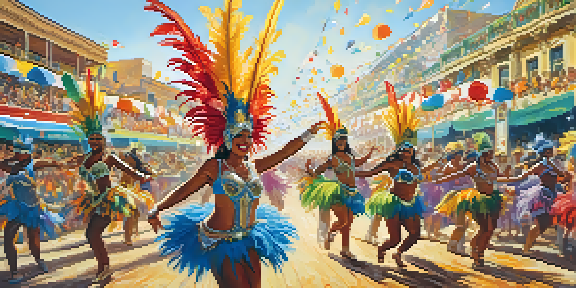 A lively carnival celebration with dancers in colorful costumes, surrounded by a cheering crowd and bright decorations.