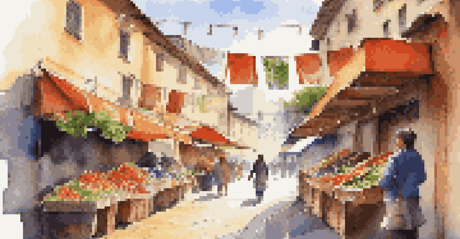 A solo woman traveler interacts with a vendor in a bustling market filled with colorful stalls and string lights.