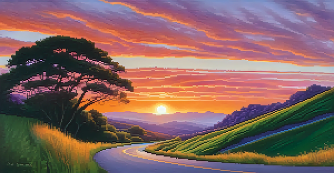 A winding road leading towards a vibrant sunset with orange, pink, and purple hues in the sky, surrounded by lush green hills.