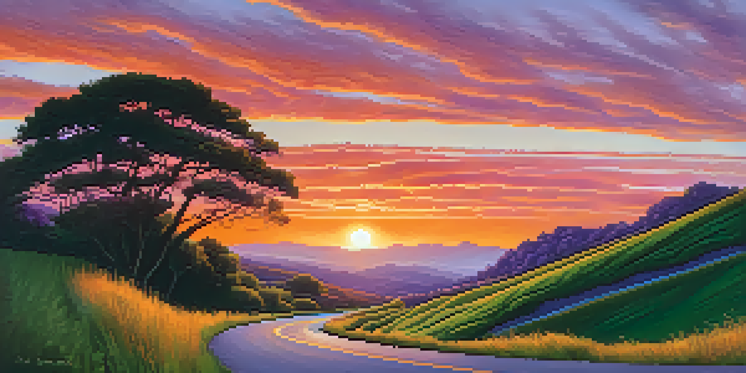 A winding road leading towards a vibrant sunset with orange, pink, and purple hues in the sky, surrounded by lush green hills.