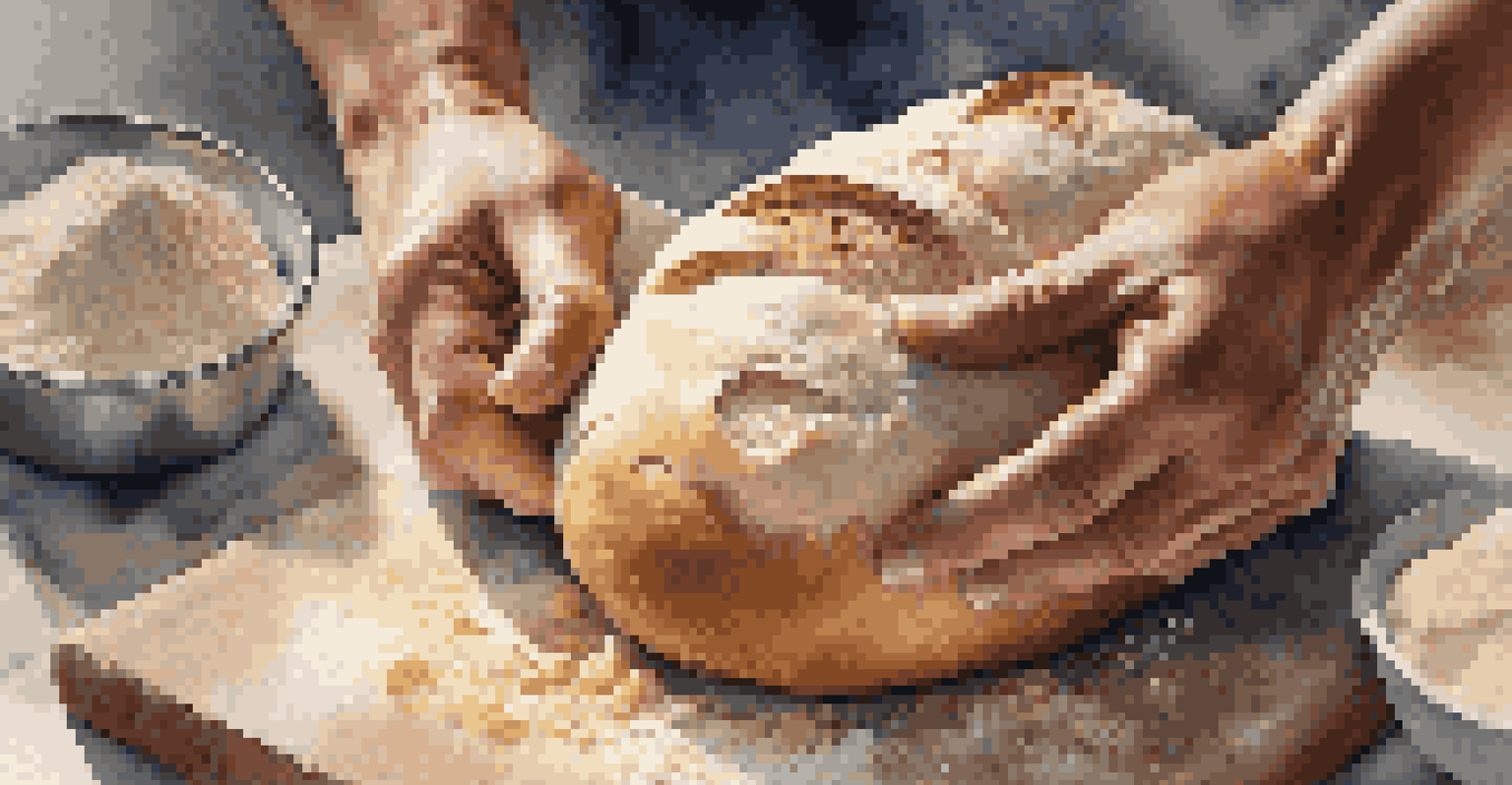 Close-up of hands shaping bread dough on a floured countertop, with ingredients like flour and herbs surrounding the scene.
