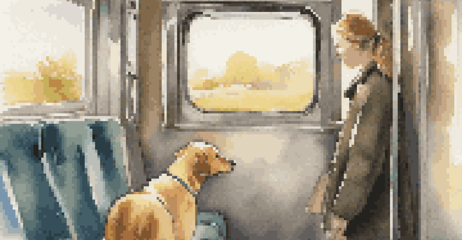 A pet owner comforting their anxious dog in a train compartment with soft lighting and countryside views.