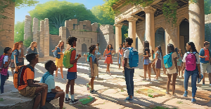 A diverse group of students exploring ancient ruins in an outdoor classroom setting, with sunlight filtering through trees.