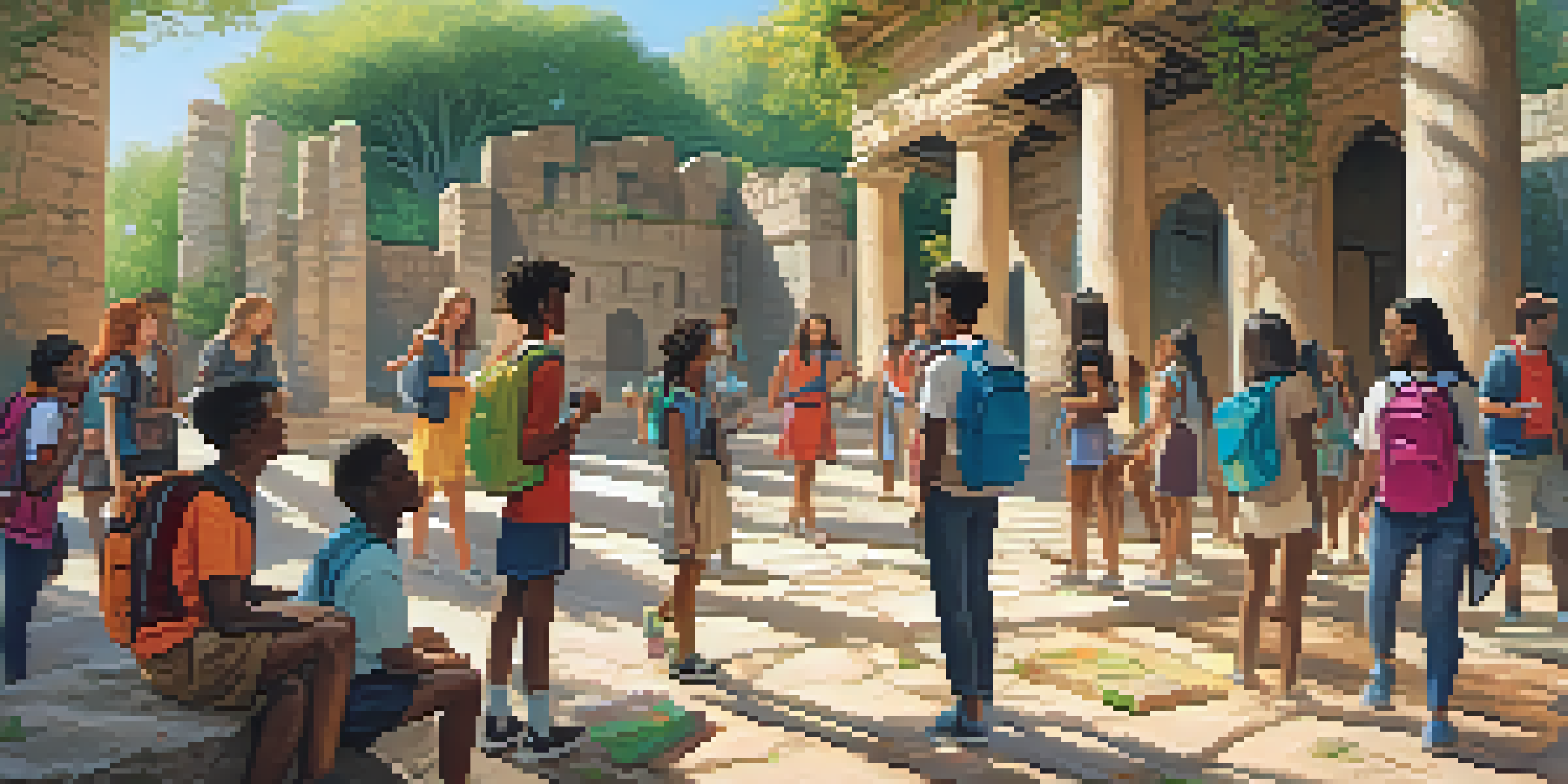 A diverse group of students exploring ancient ruins in an outdoor classroom setting, with sunlight filtering through trees.