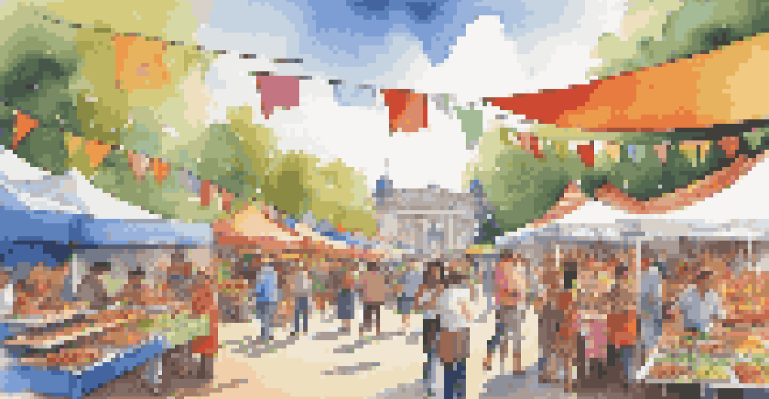 A lively food festival in a park with colorful stalls and people enjoying regional dishes under a blue sky.
