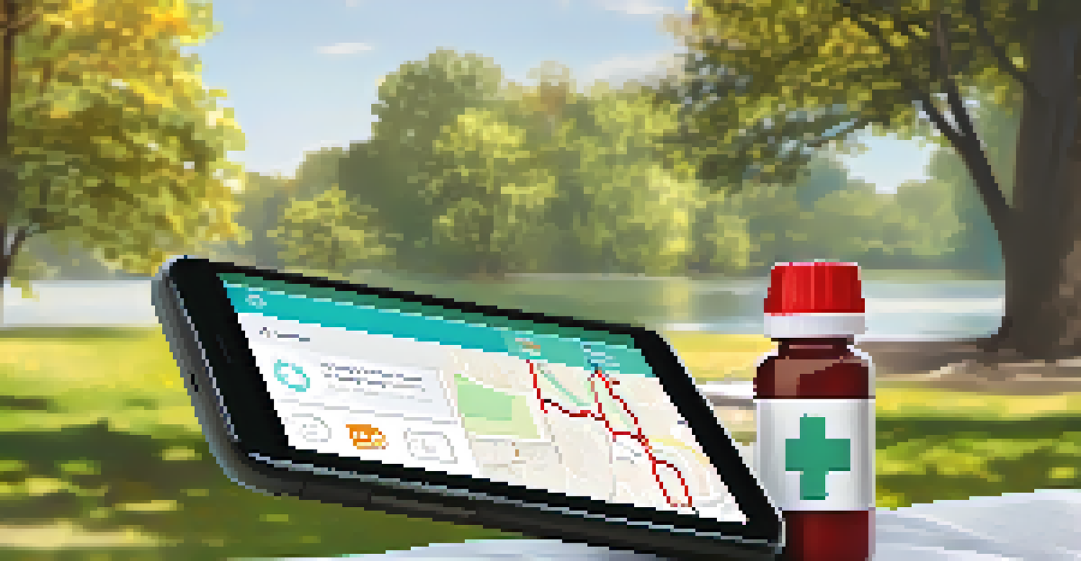 A smartphone screen displaying an emergency app in a park setting, with a first aid kit and water bottle on a picnic blanket.