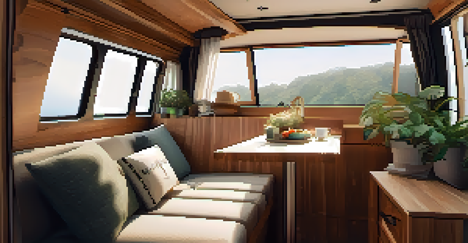 Interior of a customized van with wooden accents, cushions, and a small kitchenette, illuminated by natural light.