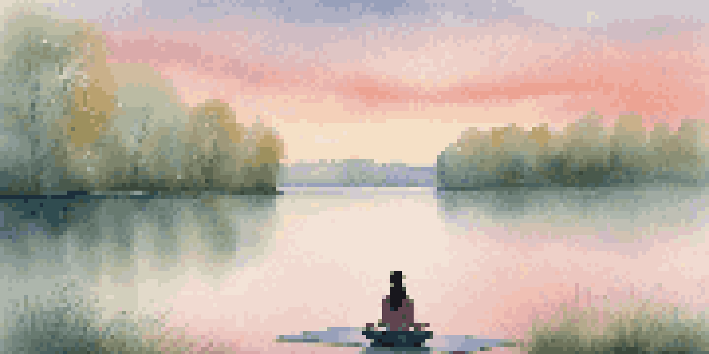 A person meditating on a yoga mat by a tranquil lakeside at sunrise, with mist over the water and colorful skies.
